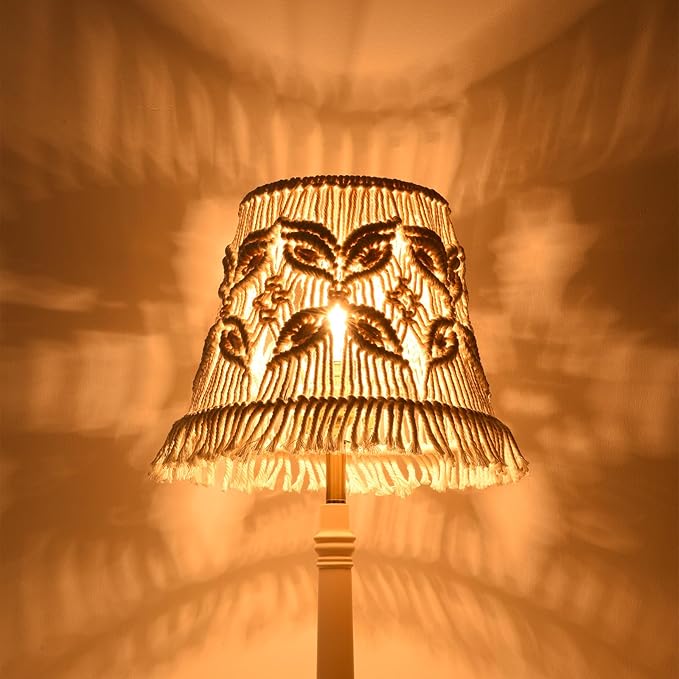 White Ivory Bell Lamp shade Medium Boho Lampshade 7.5``Top x 12``Bottom x 11``High(Spider) Handmade Woven Lamp shade for Table Lamp & Bedside Lamp - Replacement Tassel Lampshade