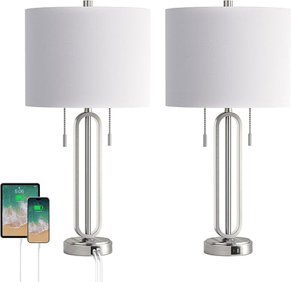 26.5’‘ Industrial Table Lamp Set of 2, Nickel Metal Bedside Lamp with USB C+ A Ports & Pull Chain, Modern Farmhouse Nightstand Lamp for Bedroom, Living Room, Home Office with White Shade