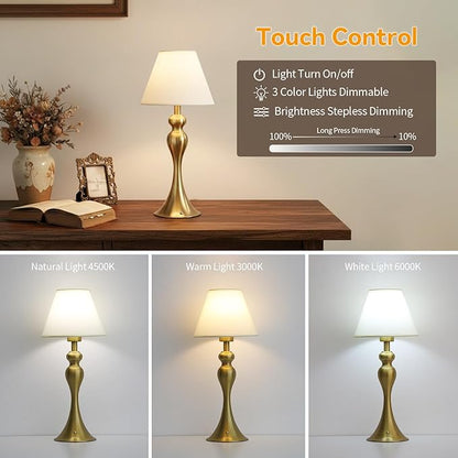 Cordless Table Lamp,Portable Fabric Shade LED Desk Lamps,5200mAh Battery Operated, 3 Color Stepless Dimming Up, for Restaurant, Bedroom,Camping,Coffee Shop,Bar,Night Light (Brass)