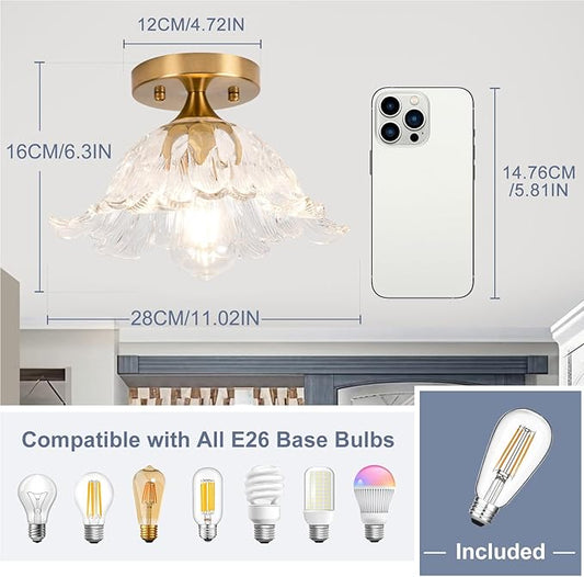 Semi Flush Mount Ceiling Light,Vintage Lights Fixture E26,Transparent Glass Light Fixtures 11" for Kitchen Bedroom Hallway Dining Room,Bulb Included