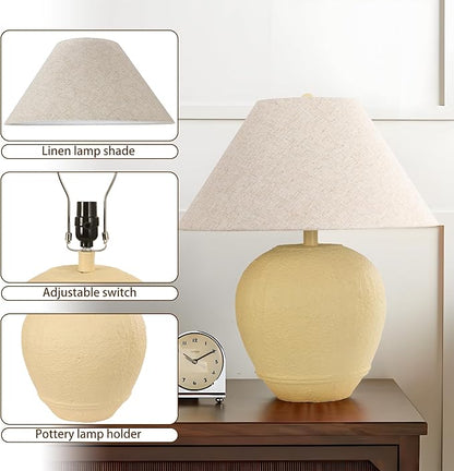 Farmhouse Ceramic Table Lamp, 21" Rustic Table Lamp with Linen Shade, 3-Way Dimmable Bedside Nightstand Lamps for Bedroom, Living Room, E26 Socket, Cream