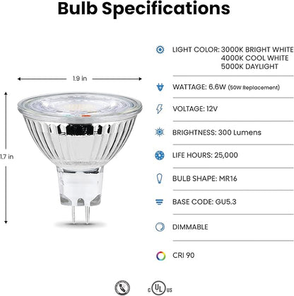 Feit Electric MR16 LED Reflector Light Bulb, 35W Equivalent, Dimmable, GU5.3 Base, 90+ CRI, 300 Lumen, Adjustable Color Temperature Track Lighting, 25,000-Hour Lifespan, BPFMW/3CCTCA/3/6, 18-Pack