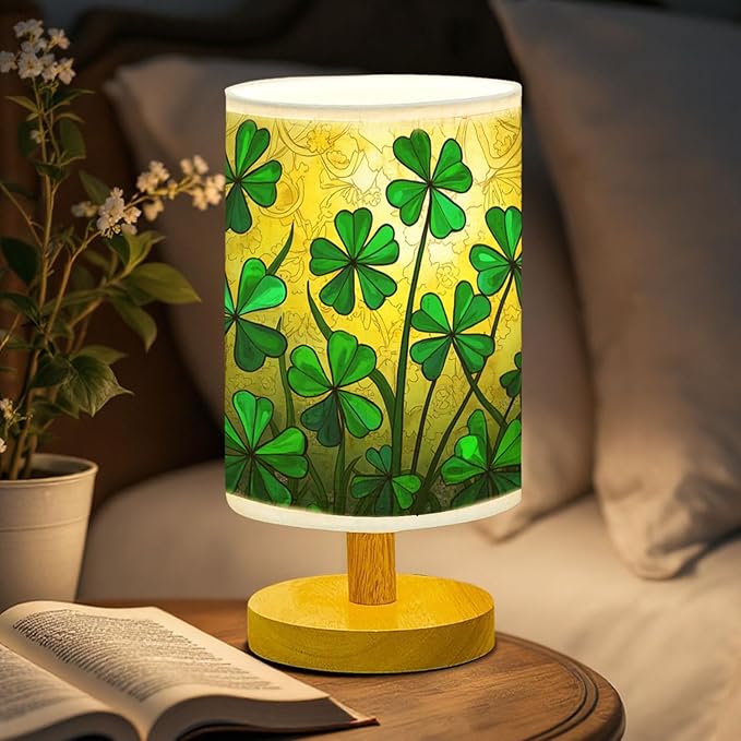 Shamrock Table Lamp LED 3-Color Pressed Bedside, Shamrock Shade Lamp with Wood Base for Bedroom Living Room Desk Office