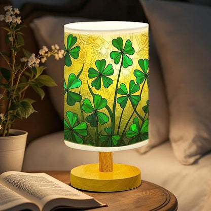 Shamrock Table Lamp LED 3-Color Pressed Bedside, Shamrock Shade Lamp with Wood Base for Bedroom Living Room Desk Office