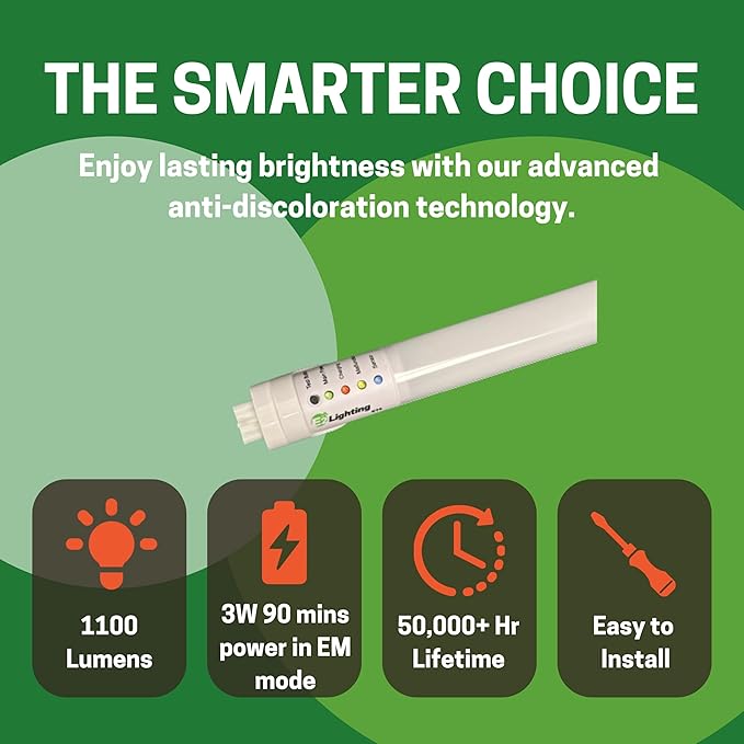 E2 LIGHTING LED Emergency T8 Tube, 2FT-9W, with Integrated Battery Backup (4000K)