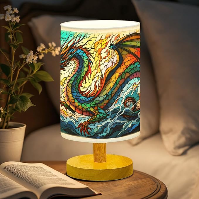 Dragon Table Lamp LED 3-Color Pressed Bedside, Dragon Shade Lamp with Wood Base for Bedroom Living Room Desk Office TL01