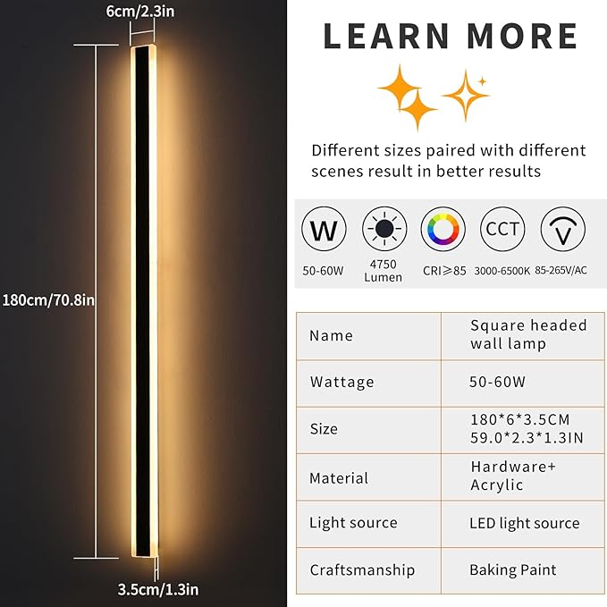 Mikeru 2Pack 71inch Outdoor Wall Light Fixtures, 3000/4500/6000K 3 Color Modern Black Linear Wall Lights Front Porch Light Wall Mounted Led Lighting for Basement, Shop,Garage Lighting Non-Dimmable