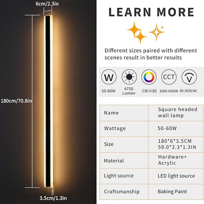 Mikeru 2Pack 71inch Outdoor Wall Light Fixtures, 3000/4500/6000K 3 Color Modern Black Linear Wall Lights Front Porch Light Wall Mounted Led Lighting for Basement, Shop,Garage Lighting Non-Dimmable