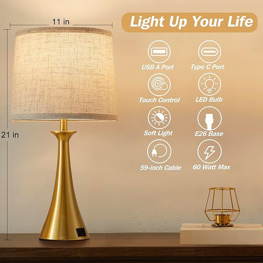 Touch Lamp for Living Room Bedroom, 21" Table Lamps Set of 2 with USB C+A Ports, Touch Bedside Lamps for Nightstand with 3 Way Dimmable, 2 LED Bulbs Included, Gold
