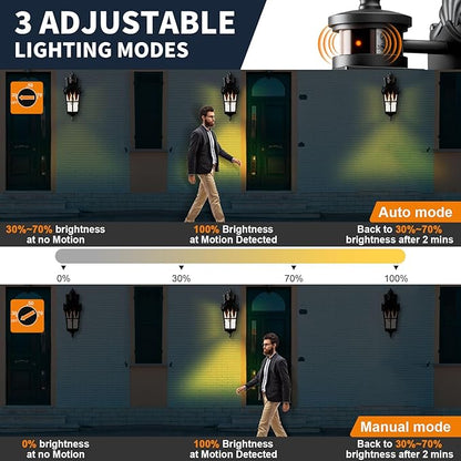 Motion Sensor Outdoor Wall Lights, 220° Dusk to Dawn Exterior Lighting Fixtures with Tempered Glass, Vintage Style IP65 Waterproof for Porch, Garage, House (Black)