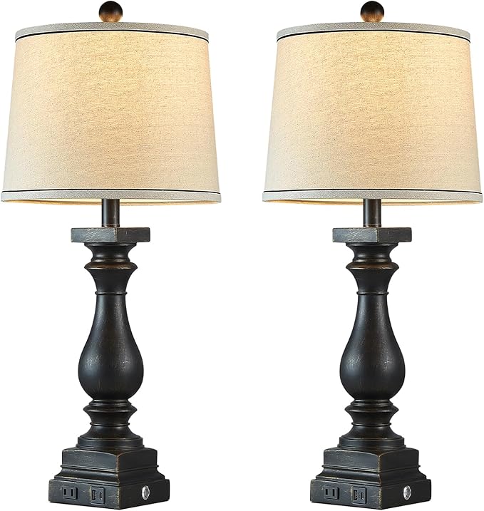 28" Tall Farmhouse Table Lamps with USB C+A Ports and AC Outlet, 3 Way Touch Control Rustic Bedside Lamps for Bedroom, Black Vintage Nightstand Lamps for Living Room Office