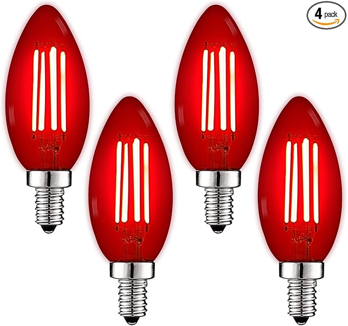 LUXRITE E12 LED Filament Red Light Bulbs, 4.5W (40W Equivalent), Colored Glass Candelabra Bulb, UL Listed, E12 Base, Indoor Outdoor, Porch, Decoration, Party, Holiday, Event, Home Lighting (4 Pack)