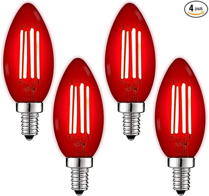 LUXRITE E12 LED Filament Red Light Bulbs, 4.5W (40W Equivalent), Colored Glass Candelabra Bulb, UL Listed, E12 Base, Indoor Outdoor, Porch, Decoration, Party, Holiday, Event, Home Lighting (4 Pack)