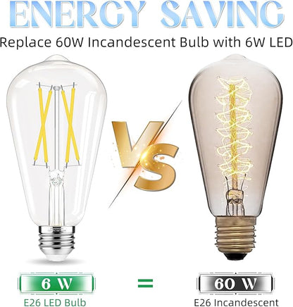 Edison Bulbs, E26 LED Bulb 60 watt Equivalent, Non-Dimmable, 4000K Daylight White, ST58 Vintage Light Bulbs, 90+ CRI, 6W 600LM, E26 Medium Base, Clear Glass, 6 Pack