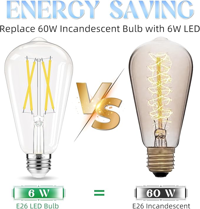 Edison Bulbs 60 watt Equivalent LED, E26 LED Bulb Non-Dimmable, 4000K Daylight White, ST58 Vintage Light Bulbs, 90+ CRI, 6W 600LM, E26 Medium Base, Clear Glass, 12 Pack