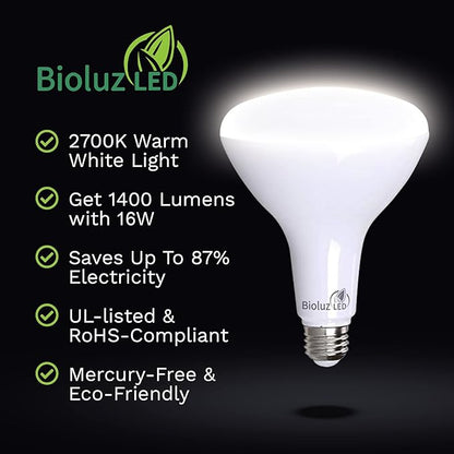 Bioluz 8 Pack Brightest BR40 LED Light Bulb - INSTANT ON Warm Light Bulbs 16W (120W Replacement) 2700K 1400 Lumen Led Bulbs Indoor/Outdoor Smooth Dimmable Lamp UL Listed Lightbulb for Outdoor Lighting