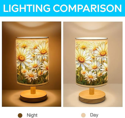 Daisy Table Lamp LED 3-Color Pressed Bedside, Daisy Shade Lamp with Wood Base for Bedroom Living Room Desk Office