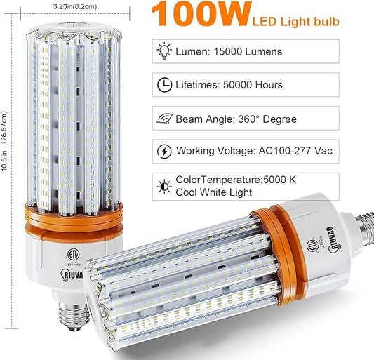 1000W Equivalent LED Corn Light Bulbs, 2 Pack 100W Led Corn Bulb 5000K Daylight White E26 E39 for Large Area Lighting, Warehouse，High Bay Lighting Wide Application