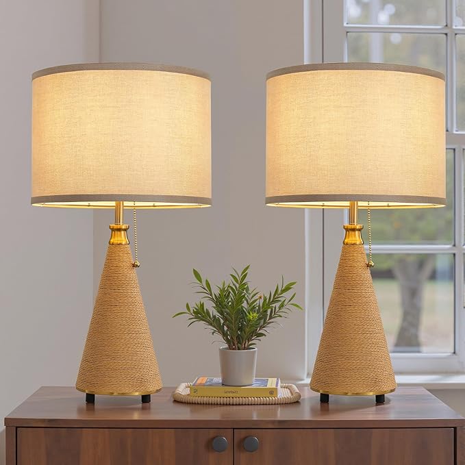 KAISITE Rattan Lamp Boho Table Lamp - 2Pack Large Bedside Table Lamps for Bedroom Rustic Handmade Woven Lamp Nightstand Lamps with Pull Chain for End Table, Living Room, Farmhouse - E26 Socket