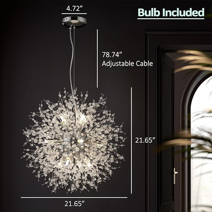 Firework Modern Chandeliers, 12 Lights Crystal Sputnik Chandeliers for Entryway, Dandelion Chandelier Chrome Ceiling Light Fixture for Hallway, Living Room