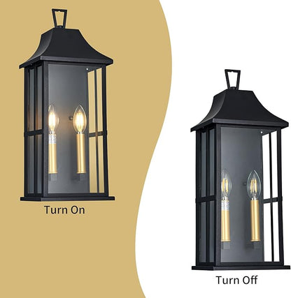 Outdoor Wall Sconce, 20.3" 2-Light in Black with Gold Rectangular Metal Frame and Clear Glass Shade Waterproof Porch Light Patio Light,Bulbs Not Included