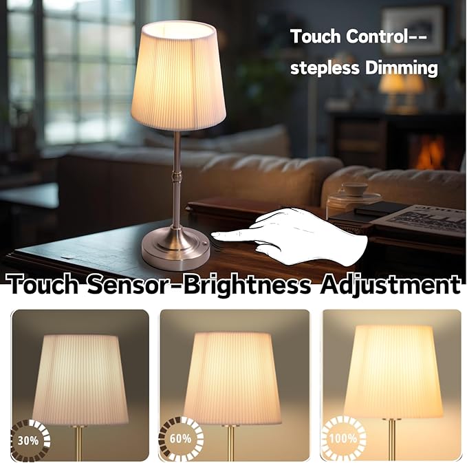 Rechargeable Table Lamp, Cordless Touch Lamps, Portable Desk Light with Stepless Dimmable Brightness & Fabric Shade for Nightstand Bedside Living Room (Silver, Twill)