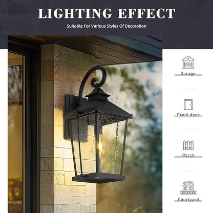 zeyu 22 Inch Outdoor Lights for House, 1-Light Outdoor Wall Sconce for House Porch, Die-Cast Aluminum with Seeded Glass, Black Finish, ZW105B-M BK