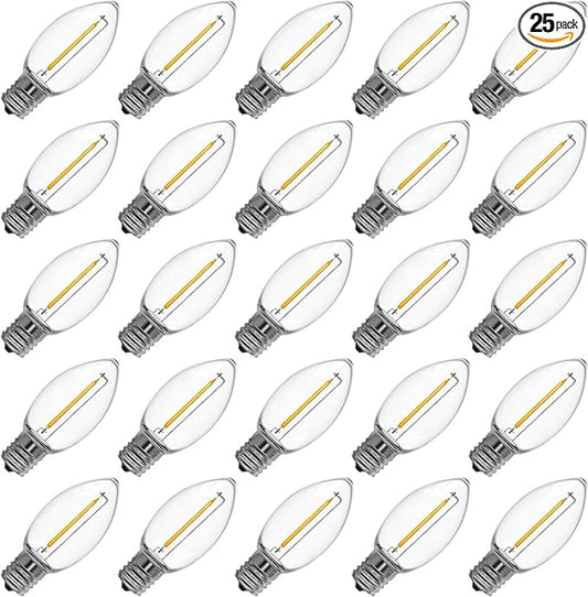 Meconard C9 Led Replacement Christmas Light Bulb, 25 Pack C9 Shatterproof Led Bulbs for Christmas Outdoor String Lights, E17 Intermediate Base, Commercial Grade Holiday Bulbs, Warm White