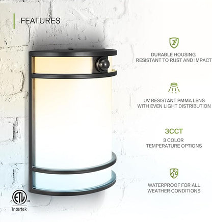 ASD 10 Inch LED Outdoor & Indoor Wall Mount Light Fixture with Motion Sensor - Black Wall Sconce Lighting - 15W 120-277V 3000K 4000K 5000K Adjustable Exterior Lights - Front Door & Patio - ETL