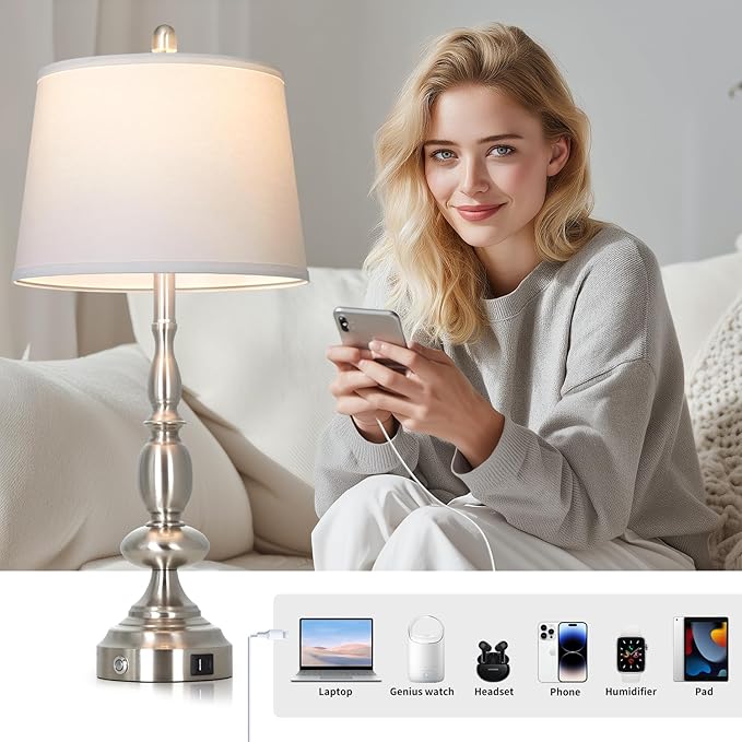 29" Tall Modern Silver Table Lamps Set of 2, 3-Way Dimmable Touch Living Room Lamp with USB A+C Charging Port, Brushed Nickel Metal Farmhouse Bedside lamp for Bedroom Nightstand Side Table Desk Office