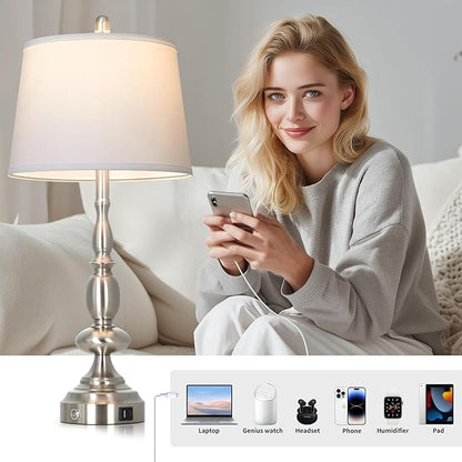 29" Tall Modern Silver Table Lamps Set of 2, 3-Way Dimmable Touch Living Room Lamp with USB A+C Charging Port, Brushed Nickel Metal Farmhouse Bedside lamp for Bedroom Nightstand Side Table Desk Office