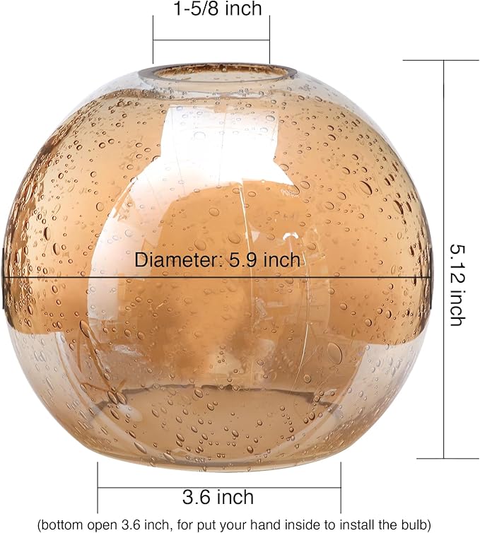 Glass Lamp Shade Replacement Globe & Cover for Lighting Fixture, 5.9" Diameter, 1-5/8 inch Fitter, 2 Pack Clear Amber Seeded Bubble Globe Lamp Shade