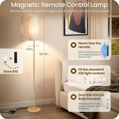2 Pack Wooden Textured Pole Lamps, Dimmable Floor Lamp for Living Room with Remote and Foot Switch, 64.4” Standing Tall Lamp, Corner Light for Bedroom, Bulb Included, 3000K-6500K, XE06LDP205W1