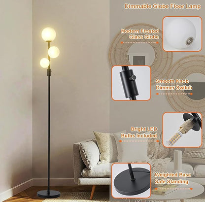 Fiqevs Upgraded Dimmable 3 Globe Mid Century Modern Floor Lamp, 3 x 3000K Warm Light LED Bulbs Included, Matt Black Standing Lamp with Sphere Glass Shade, Vintage Tall Lamp for Living Room, Bedroom
