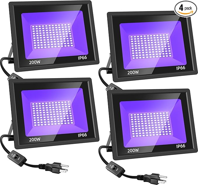 4 Pack 200W LED Black Lights, Blacklight Flood Lights with Plug & Switch, Waterproof IP66 Outdoor High Power Neon Glow for Parties, Halloween Decorations, Fluorescent Poster, Body Paint