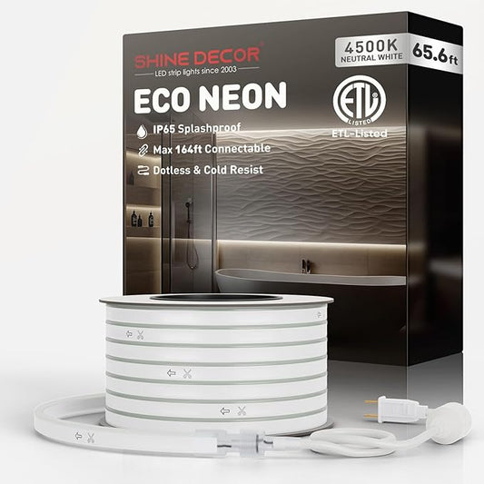 Shine Decor LED Rope Lights AC 120V, Connectable & Cuttable Dotless 120LEDs/M Eco Neon Strip Lighting, ETL IP65 Waterproof & Weather-Resistant for Home Commercial, 8x16mm, 4500K Neutral White, 65.6FT