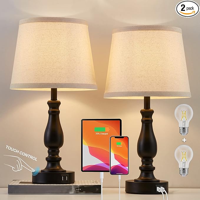 Lamps for Bedroom Set of 2,Touch Bedside Table Lamp with USB C+A Ports,Dimmable Nightstand Lamps with Round Fabric Linen Lampshade for Living Room Reading Bed Side End Table,Bulbs Included