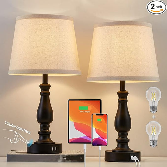 Lamps for Bedroom Set of 2,Touch Bedside Table Lamp with USB C+A Ports,Dimmable Nightstand Lamps with Round Fabric Linen Lampshade for Living Room Reading Bed Side End Table,Bulbs Included