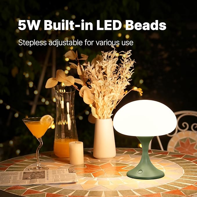 Mushroom Lamp, 5W LED Cordless Rechargeable Table Lamp with Glass Shade, Small Retro Dimmable Touch Light with 3 Color Temps, Aesthetic Mid Century Bedside Light for Bedroom Ambient, Green