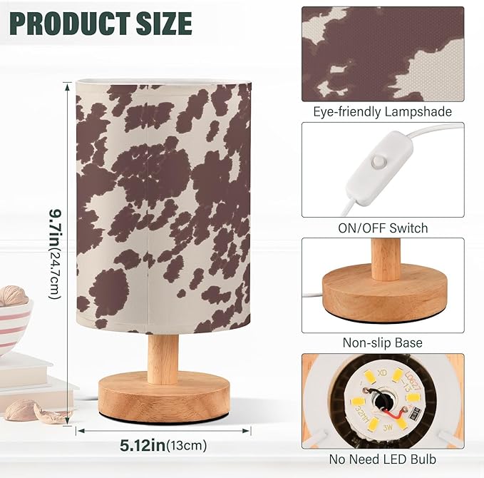 Bedside Lamp Cow Horse Print Brown Spots Table Lamp for Bedroom LED Nightstand Lamp Shade USB Ports Wood Base for Living Room Dorm Office