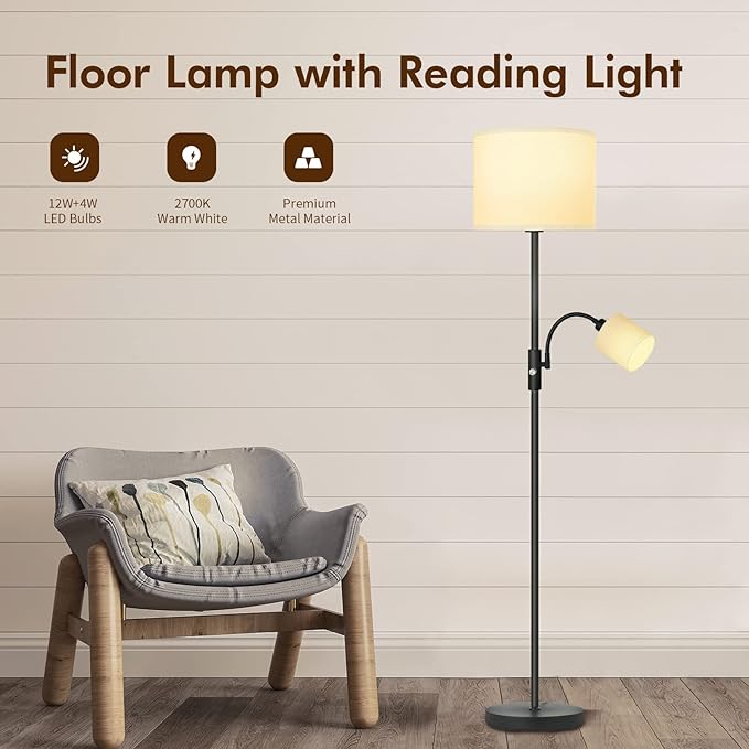 Floor Lamps Standing Lamp, Bright Stand up Lamp with Reading Light, White Lampshade, 62" Tall, 3-Way Rotary Switch, Black Corner Light for Bedroom Office, Modern Living Room Decor(LED Bulbs Included)