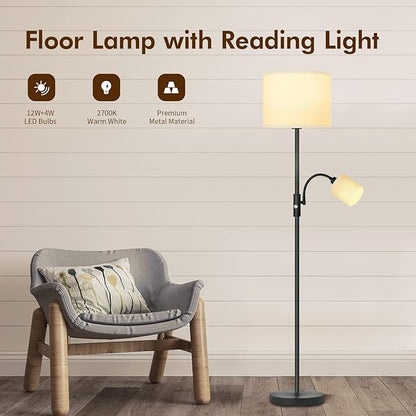 Floor Lamps Standing Lamp, Bright Stand up Lamp with Reading Light, White Lampshade, 62" Tall, 3-Way Rotary Switch, Black Corner Light for Bedroom Office, Modern Living Room Decor(LED Bulbs Included)