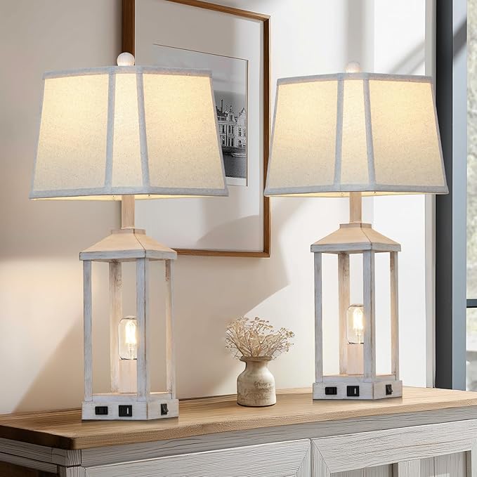28" Set of 2 Vintage Table Lamps for Living Room，Farmhouse Industrial Nightstand Lamp with USB C+A & Outlet ，White Bedside Lamps for End Table with Nightlight, Bell Lampshades for Bedroom Nightstand