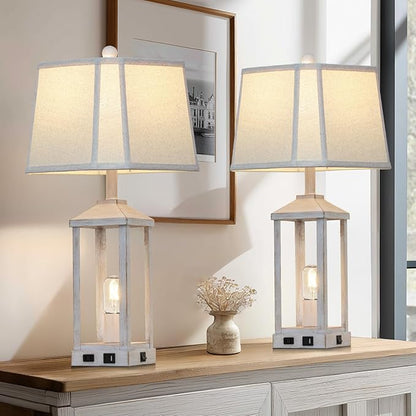 28" Set of 2 Vintage Table Lamps for Living Room，Farmhouse Industrial Nightstand Lamp with USB C+A & Outlet ，White Bedside Lamps for End Table with Nightlight, Bell Lampshades for Bedroom Nightstand