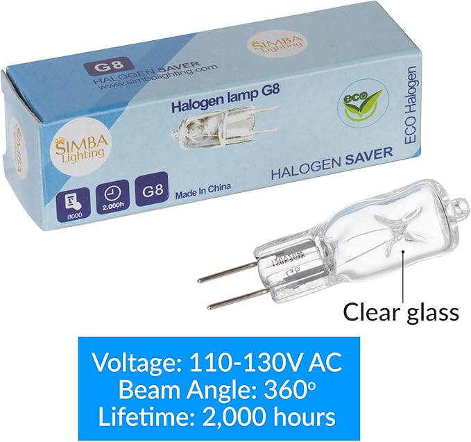 Simba Lighting Halogen Light Bulb G8 T4 20W JCD Bi-Pin (10 Pack) Shorter 1-3/8" (1.38") Length for Under Cabinet Puck Lights, Kitchen Hood, Landscape Lights, Desk Lamps 120V Dimmable, 2700K Warm White