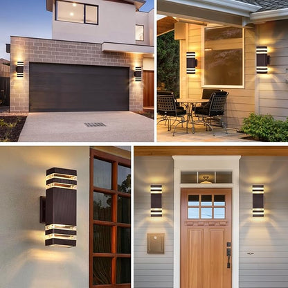 DASTOR 4 Pack Outdoor Wall Lights, Brown Exterior Lighting Fixtures Wall Mount, 2-Layer Modern Outdside Lights for House, Up and Down Outdoor Sconce Lights for Porch Patio Garage