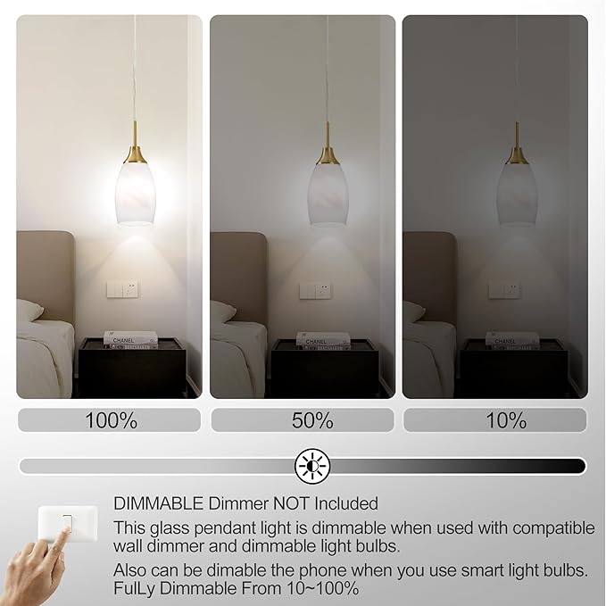 Mini Glass Pendant Light 3-Pack Handblown Art White Swirl Oval Hanging Pendant Lamp 4.72" Glass Chandelier for Kitchen Island Dining Room Living Foyer Hallway Entry Brushed Gold Finish