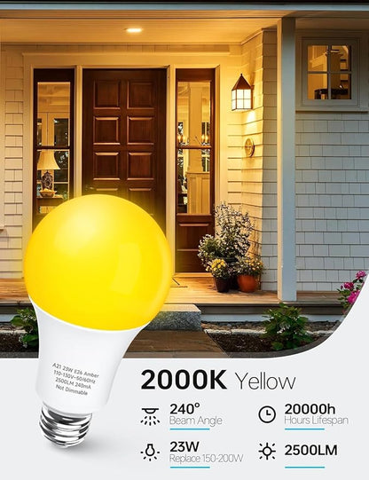 KINDEEP Yellow Bug Light Bulb Outdoor, 150W-200W Equivalent LED Bug Light for Outside, A21 E26 23W 2000K Warm Lights Bulbs for Porch/Patio/Hallway/Backyard, Non-Dim White Housing, 4 Pack