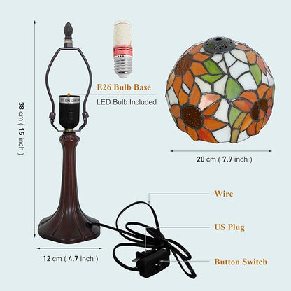 Tiffany Style Lamp Sunflower Vintage Table Lamp Small Lamps Stained Glass Lamp Tiffany Lamps for Bedroom 8" Wide 15" Tall for Living Room Home Office with LED Bulb