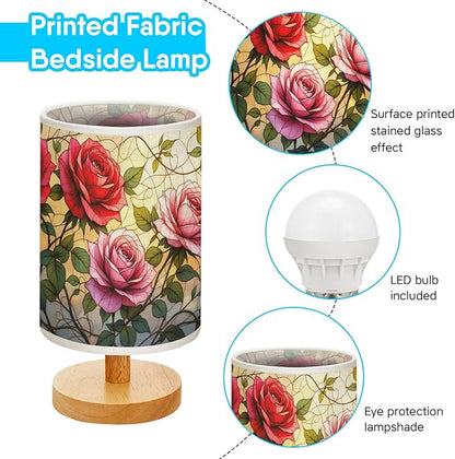 Rose Table Lamp LED 3-Color Pressed Bedside, Rose Shade Lamp with Wood Base for Bedroom Living Room Desk Office